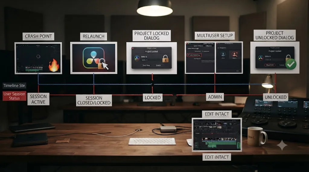 Illustration of a worked example showing a DaVinci Resolve project unlocking after a crash with all edit work intact