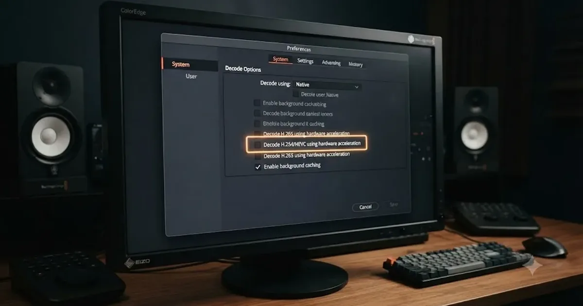 Illustration of a DaVinci Resolve Project Manager window with an empty grid where a project thumbnail should be, next to a magnifying glass pointed at a database folder icon
