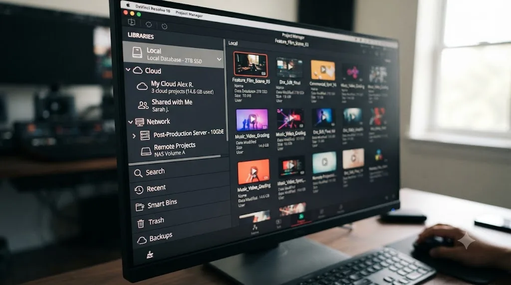 Illustration comparing DaVinci Resolve free version and Studio both showing the identical Project Library sidebar structure