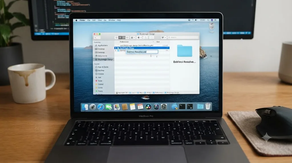 Illustration of a Finder window showing the DaVinci Resolve preferences folder being renamed inside the Blackmagic Design directory
