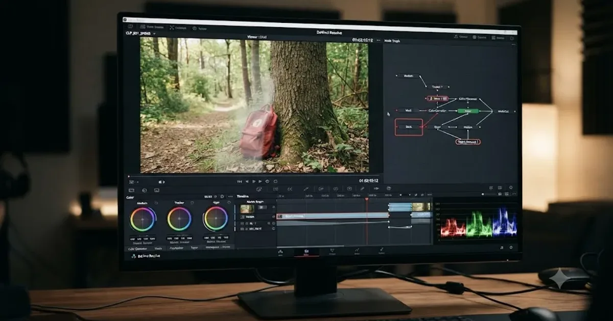 Illustration of an unwanted object being erased from a video frame inside a DaVinci Resolve node graph