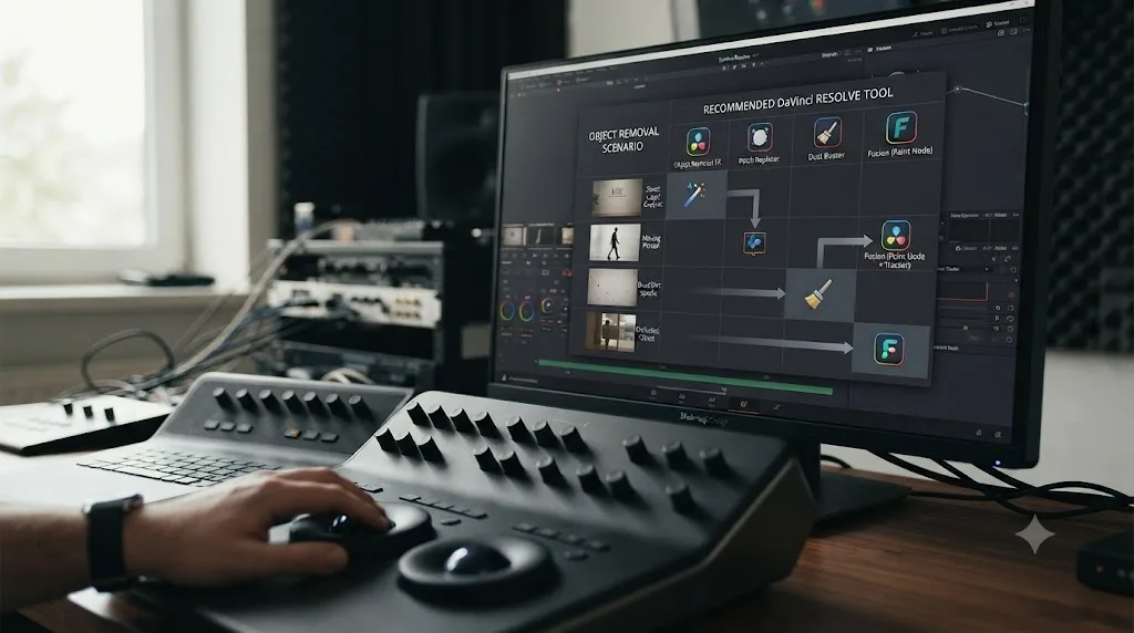 Illustration of a decision matrix mapping DaVinci Resolve object removal scenarios to their recommended tool