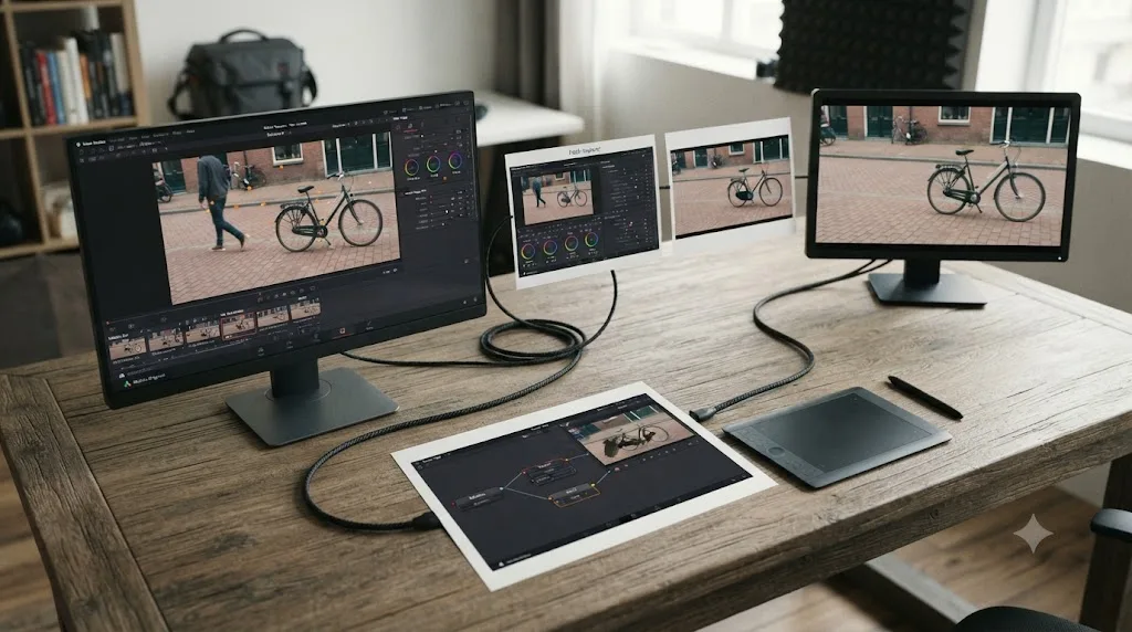 Illustration of the free-version DaVinci Resolve object removal workflow using Patch Replacer and the Fusion Paint node