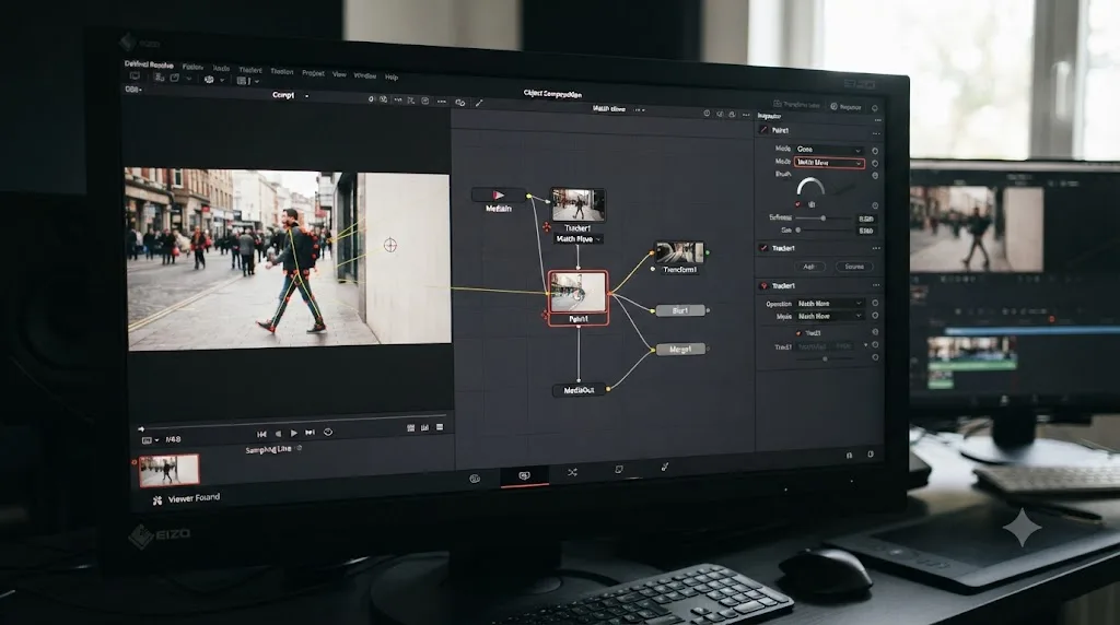 Illustration of a DaVinci Resolve Fusion Paint node in clone mode connected to a Tracker node set to match move