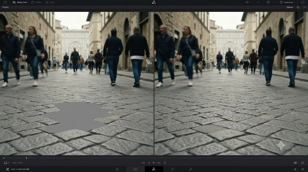 Illustration comparing a gray unfilled patch to a properly blended clean plate result in DaVinci Resolve