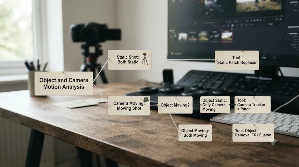 Illustration of a decision flowchart for choosing between DaVinci Resolve object removal tools based on motion