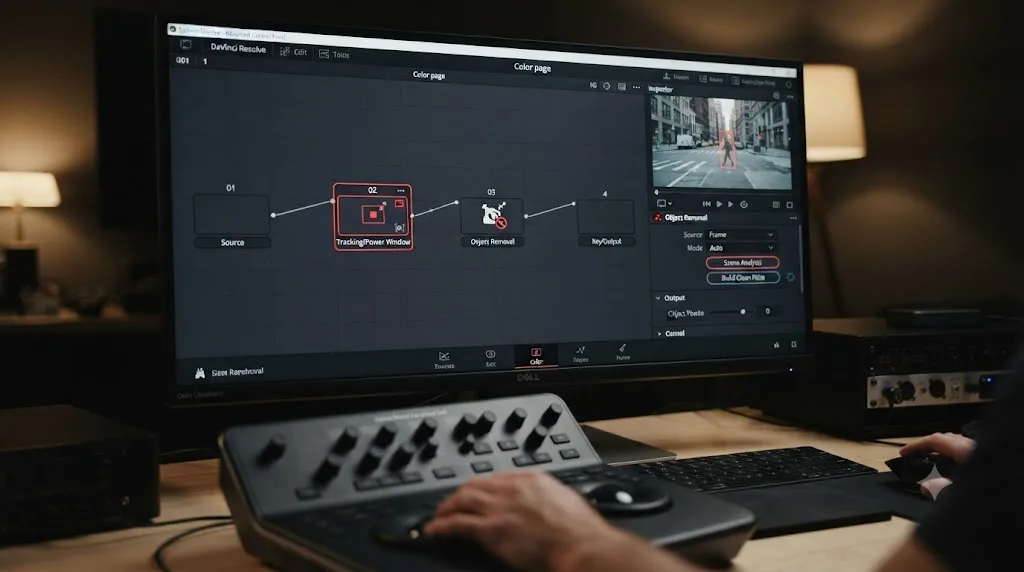 Illustration of a DaVinci Resolve Color page node graph with a tracked Power Window connected to an Object Removal node