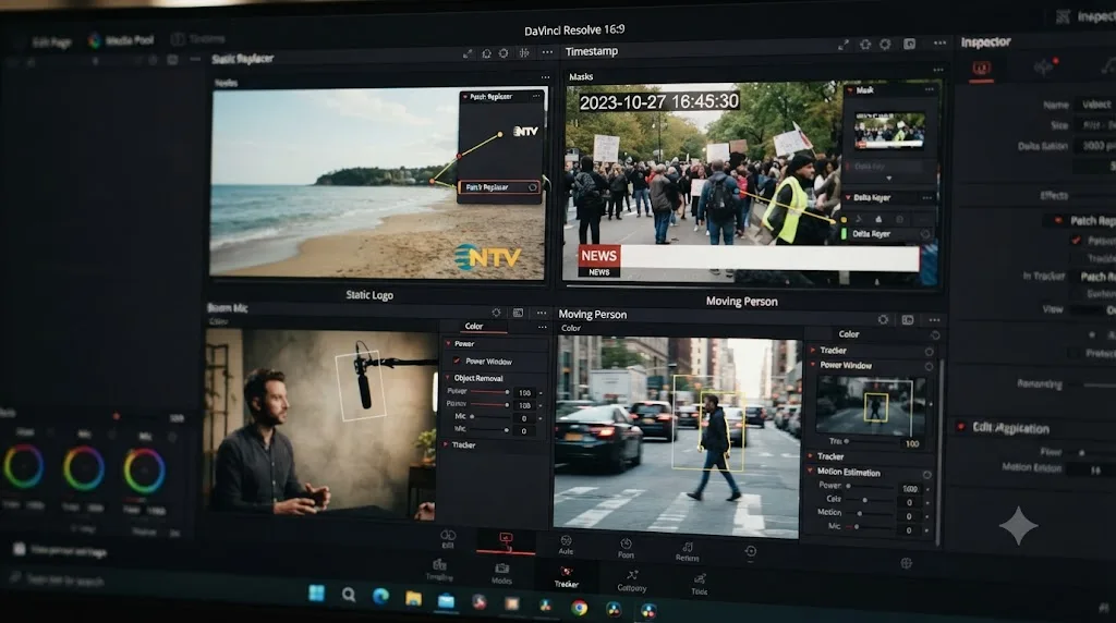 Illustration of a grid comparing DaVinci Resolve object removal approaches for a logo, timestamp, boom mic, and moving person