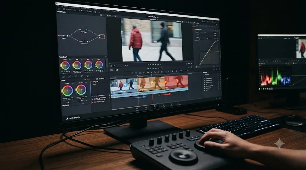 Illustration of a DaVinci Resolve object removal patch segmented around a moment where a second object crosses the frame