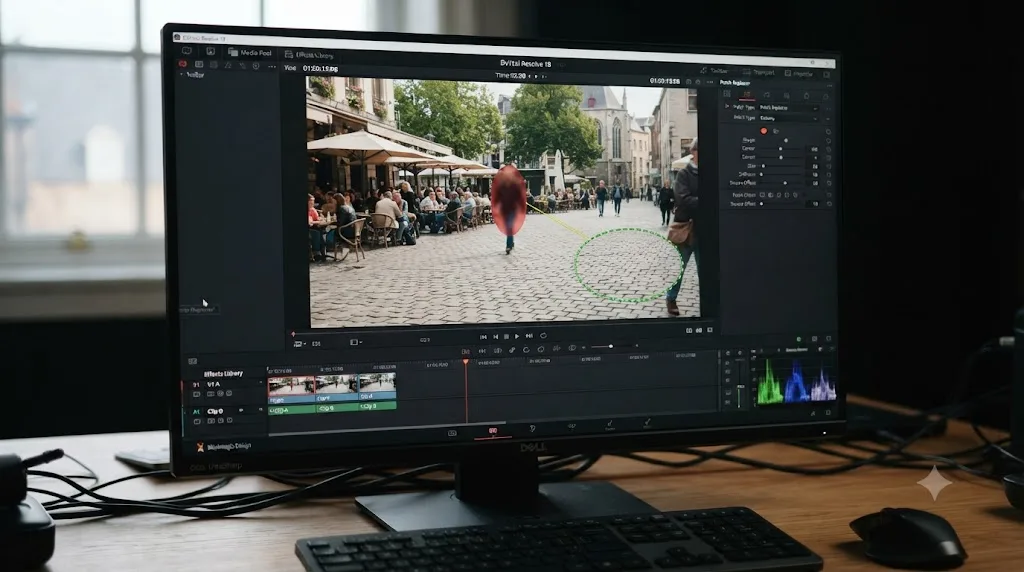 Illustration of the DaVinci Resolve Patch Replacer OpenFX overlay showing a target oval and a source oval positioned in a video frame