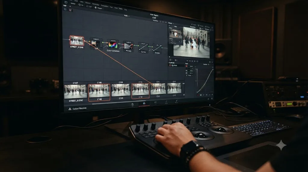 Illustration of a DaVinci Resolve Color page thumbnail timeline with a node being appended from one clip to several selected clips
