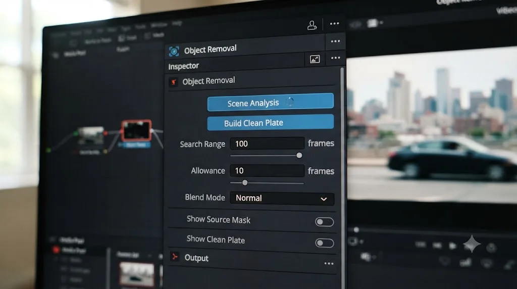 Illustration of the DaVinci Resolve Object Removal Inspector panel showing Scene Analysis, Build Clean Plate, and Blend Mode settings