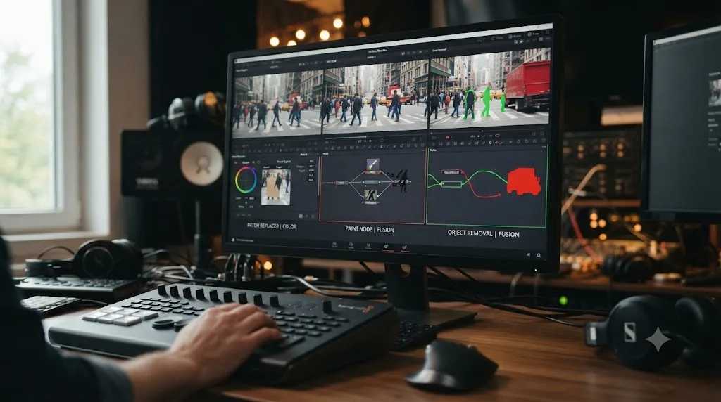 Illustration comparing DaVinci Resolve's Patch Replacer, Fusion Paint node, and Object Removal tool side by side