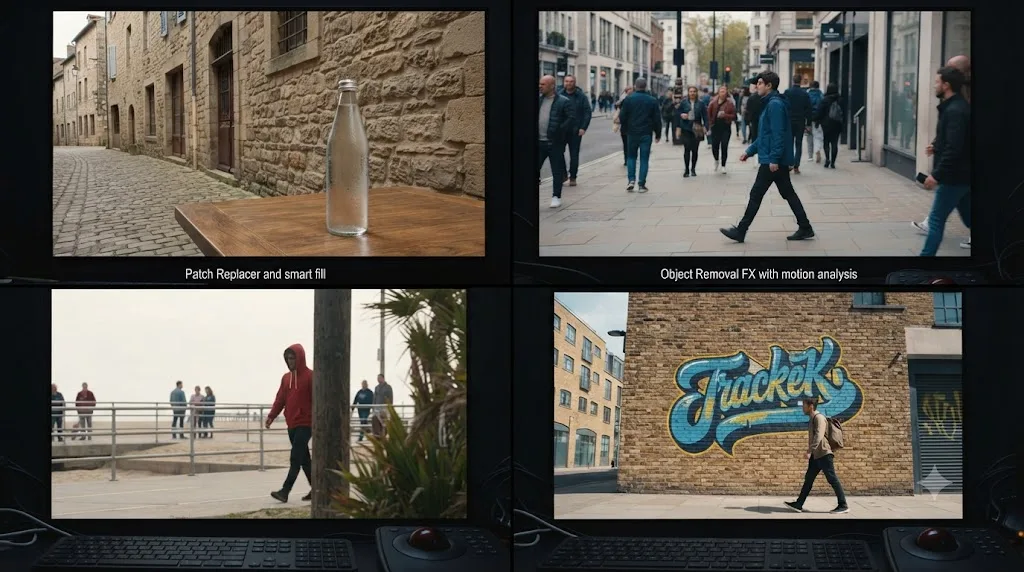Illustration of a worked example showing four different DaVinci Resolve object removal scenarios solved with different tools