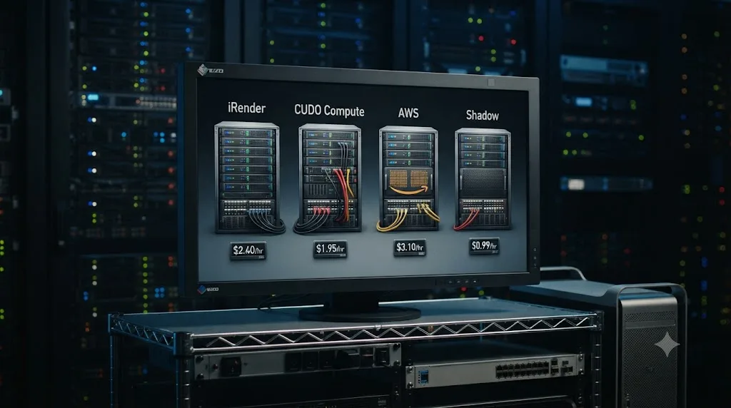 Illustration of four cloud GPU rendering services compared side by side as labeled server icons