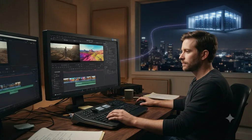 Illustration of a freelance editor's DaVinci Resolve timeline connected to a glowing row of distant cloud server towers