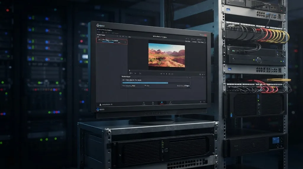 Illustration of an unattended DaVinci Resolve Deliver page rendering a job on a headless remote workstation