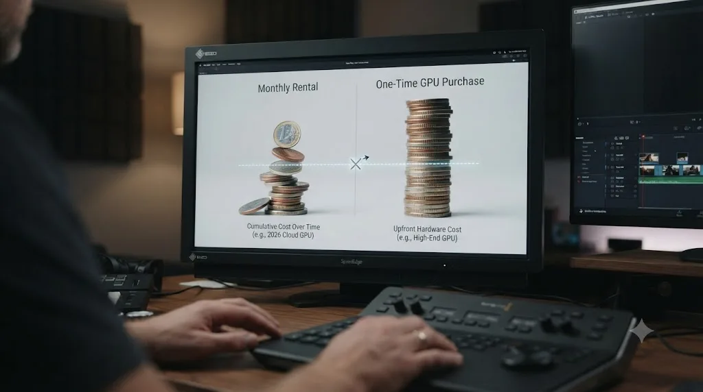 Illustration of a cost comparison chart between renting a cloud GPU workstation and buying a graphics card