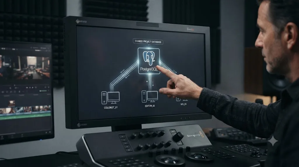 Illustration of a shared project database connecting multiple DaVinci Resolve workstations for remote rendering