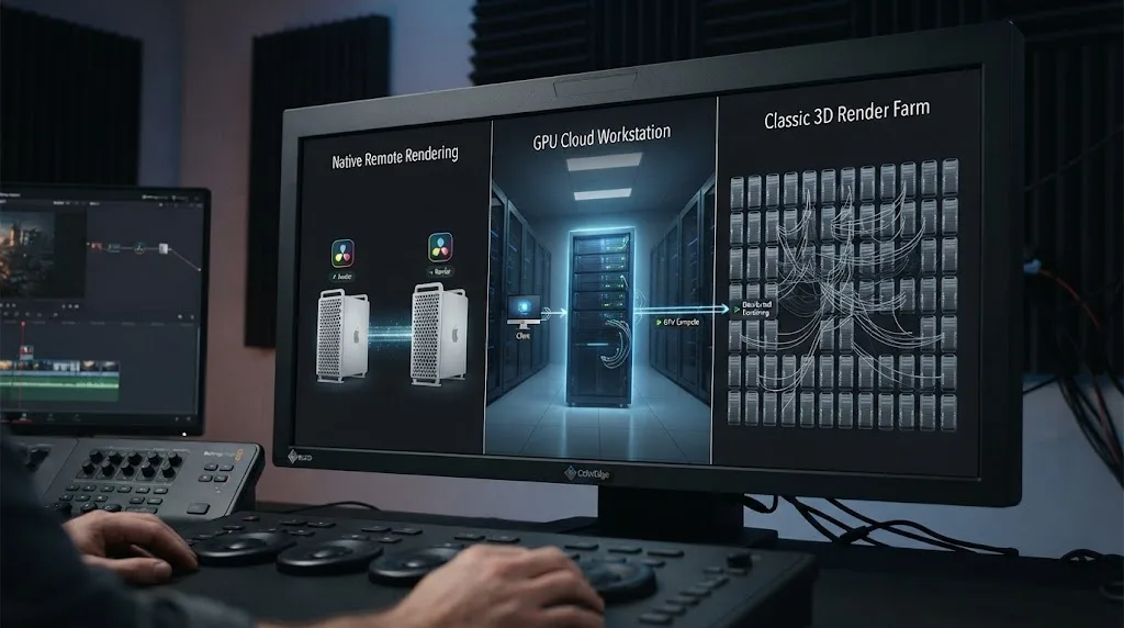 Illustration of three separate render options for DaVinci Resolve shown as labeled diagram lanes