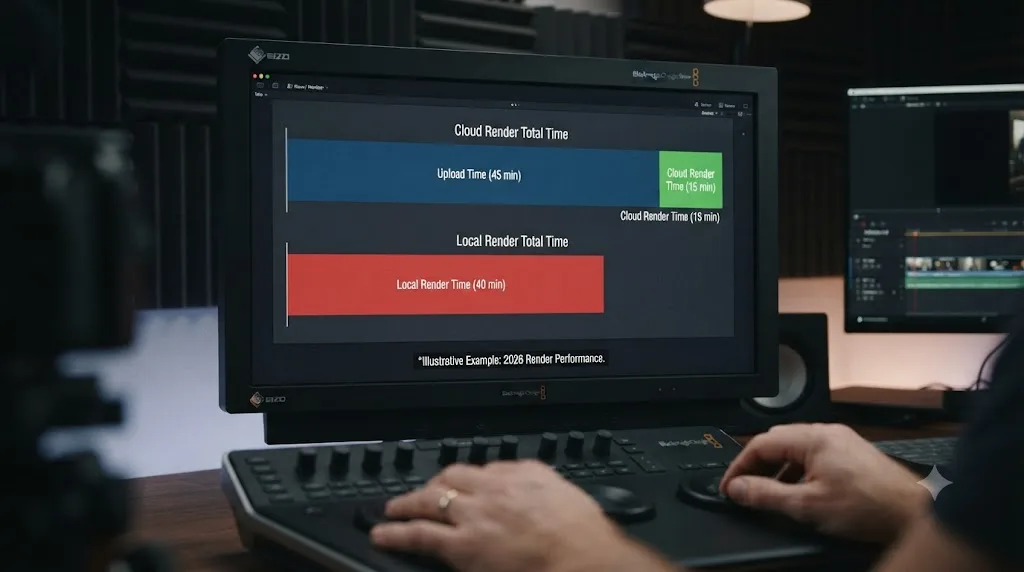 Illustration of an upload time bar chart comparing cloud rendering total time against local rendering time