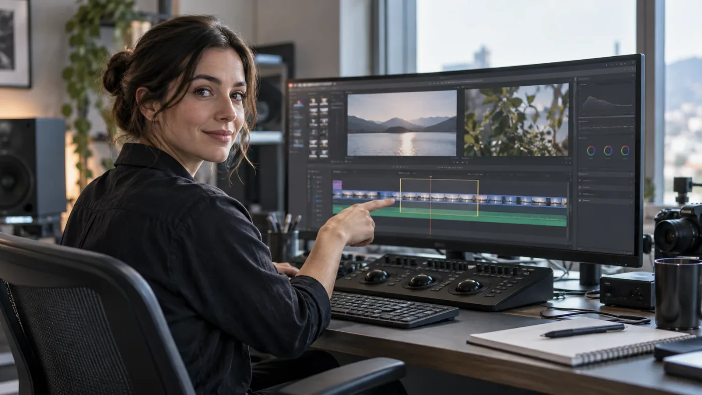 Illustration of an on-screen assistant pointing to a DaVinci Resolve render range control