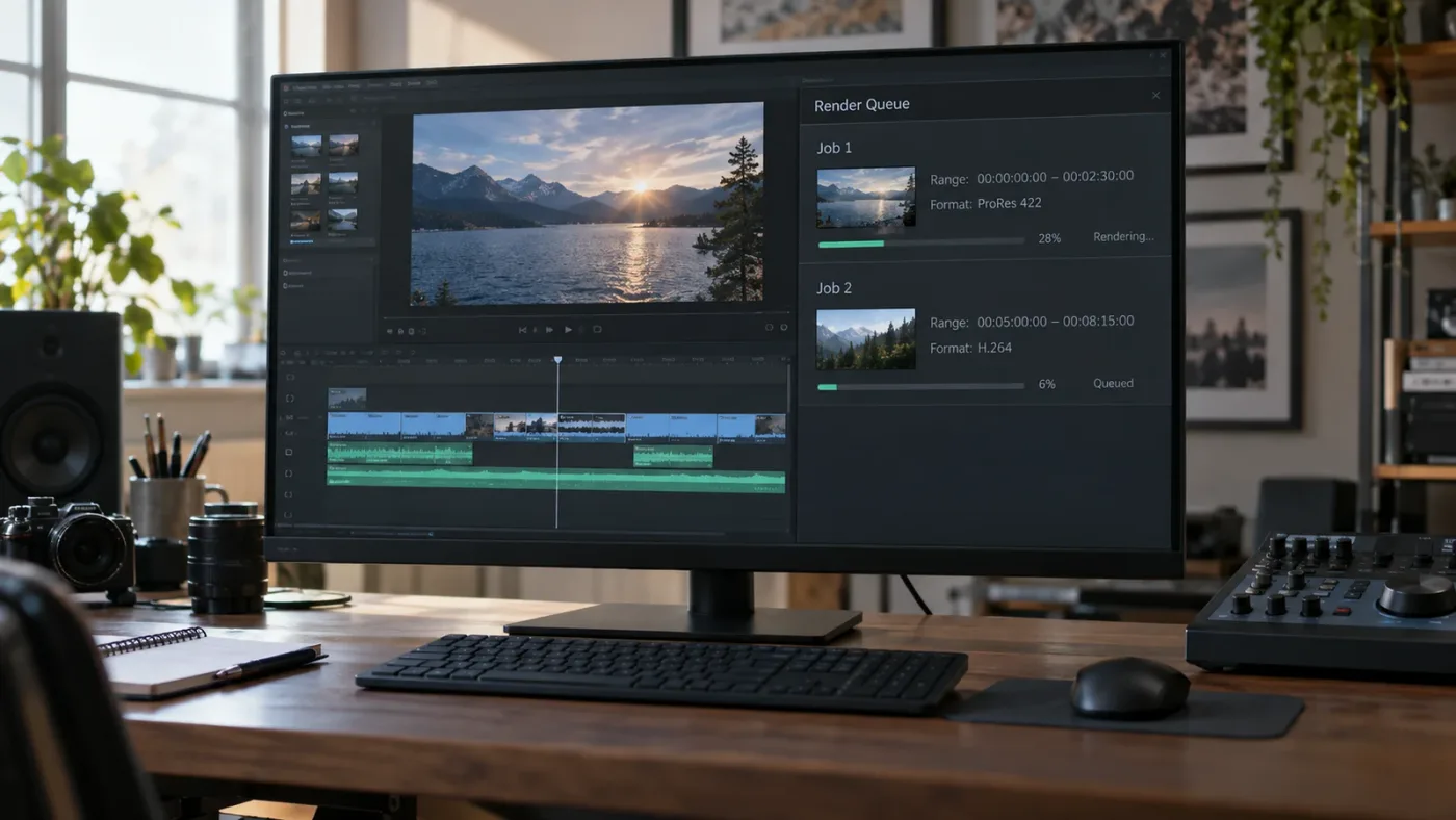 Illustration of a DaVinci Resolve Render Queue containing separate master and review range jobs