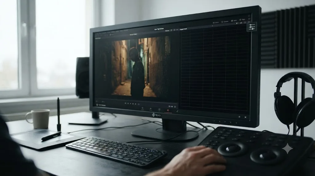 Illustration of a completely black DaVinci Resolve scopes panel next to the level range sliders icon that fixes it