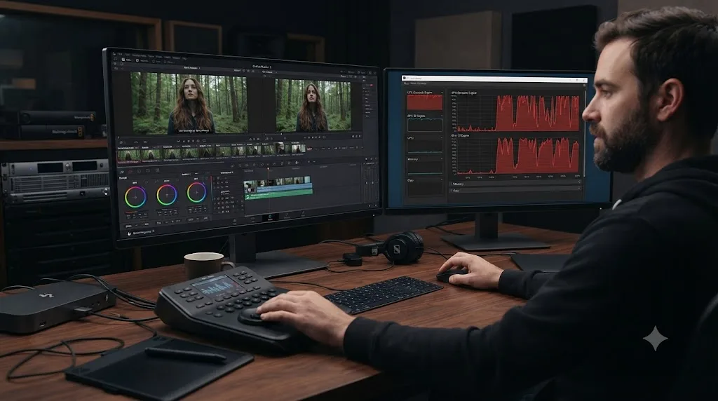 Illustration of a GPU usage graph with the 3D and Compute engines pegged near maximum next to a DaVinci Resolve timeline
