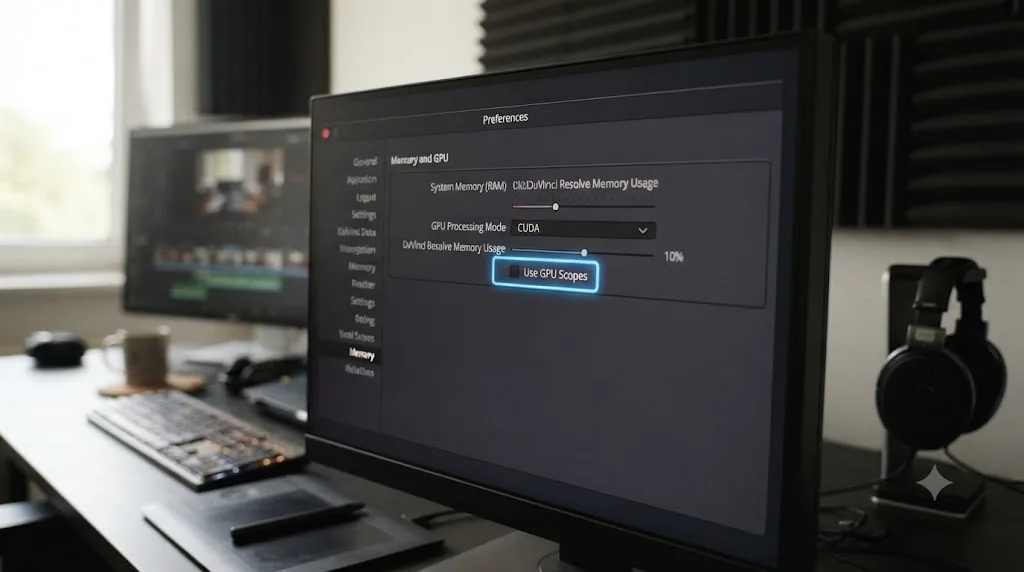 Illustration of the DaVinci Resolve preferences panel with the Use GPU Scopes checkbox highlighted