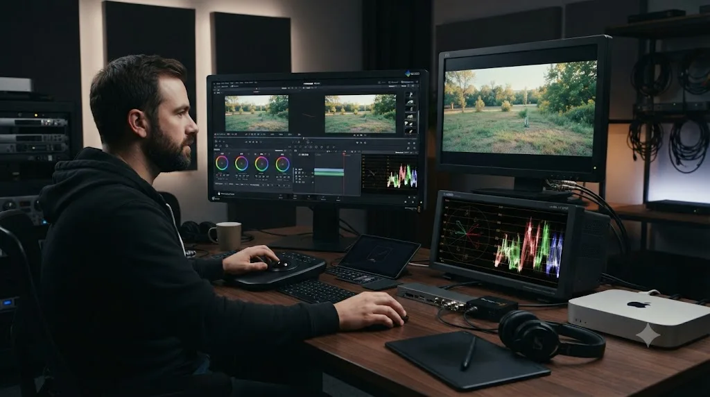 Illustration of a DaVinci Resolve scopes panel reading differently depending on whether an external monitoring device is connected