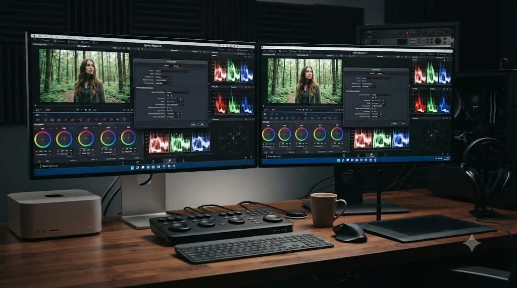 Illustration of a Mac and a Windows computer showing the same DaVinci Resolve scopes panel and preferences