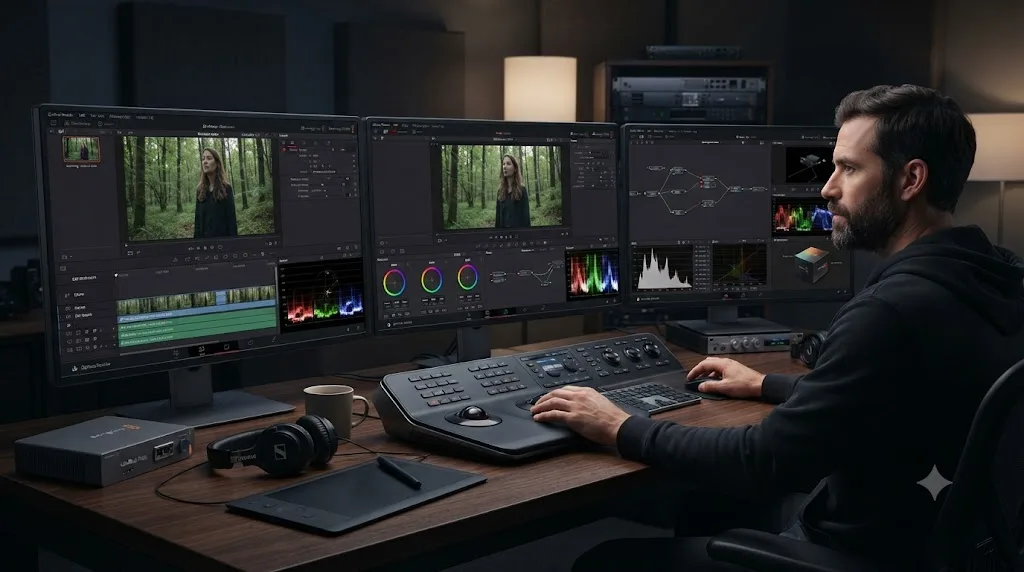 Illustration comparing the scopes panel across the DaVinci Resolve Edit, Color, and Fusion pages