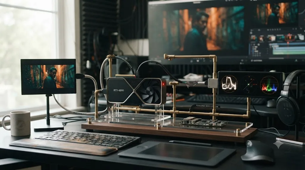 Illustration of a broken pipeline linking a DaVinci Resolve frame, GPU render, and scopes panel together