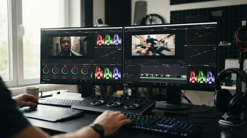 Illustration comparing a DaVinci Resolve scopes panel updating while paused against the same panel frozen during playback