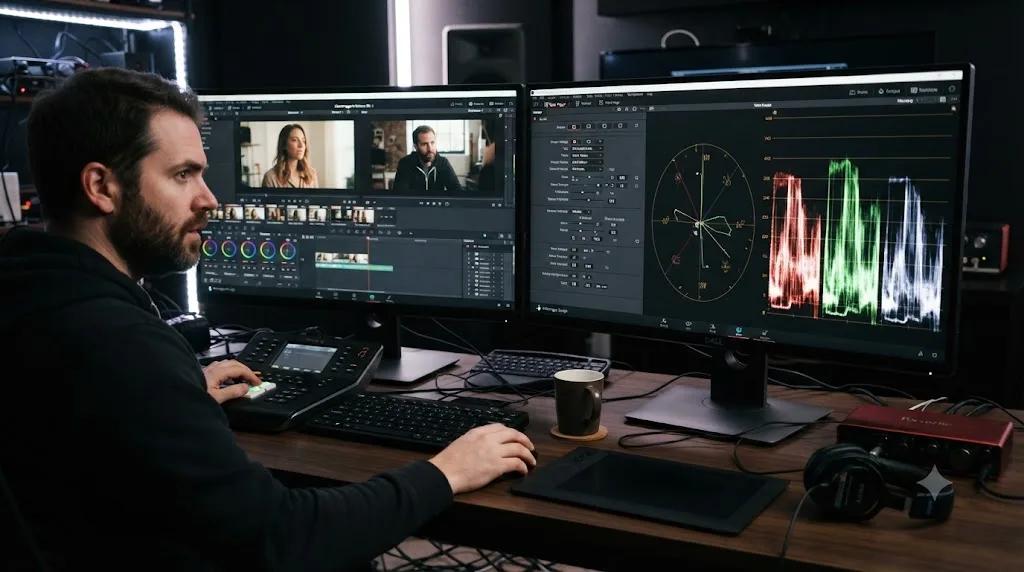 Illustration of an oversized, unmovable DaVinci Resolve scopes panel stuck on a secondary monitor