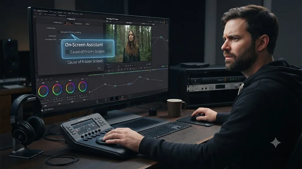 Illustration of an on-screen assistant overlay highlighting the exact DaVinci Resolve preference causing a frozen scope