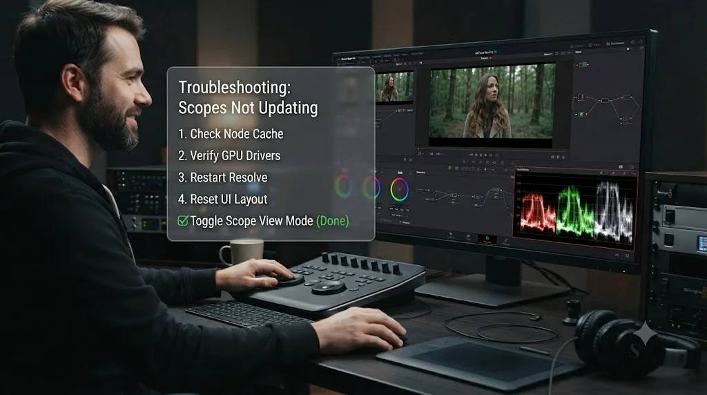 Illustration of a troubleshooting checklist overlaid on a DaVinci Resolve Color page with a working waveform scope