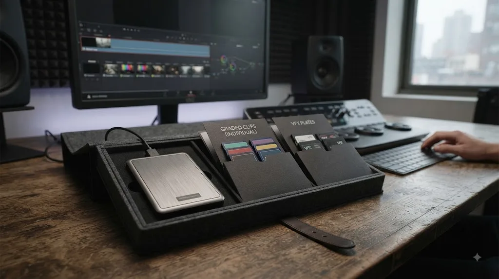 Illustration of a DaVinci Resolve delivery package with a Single Clip reference and Individual Clips media