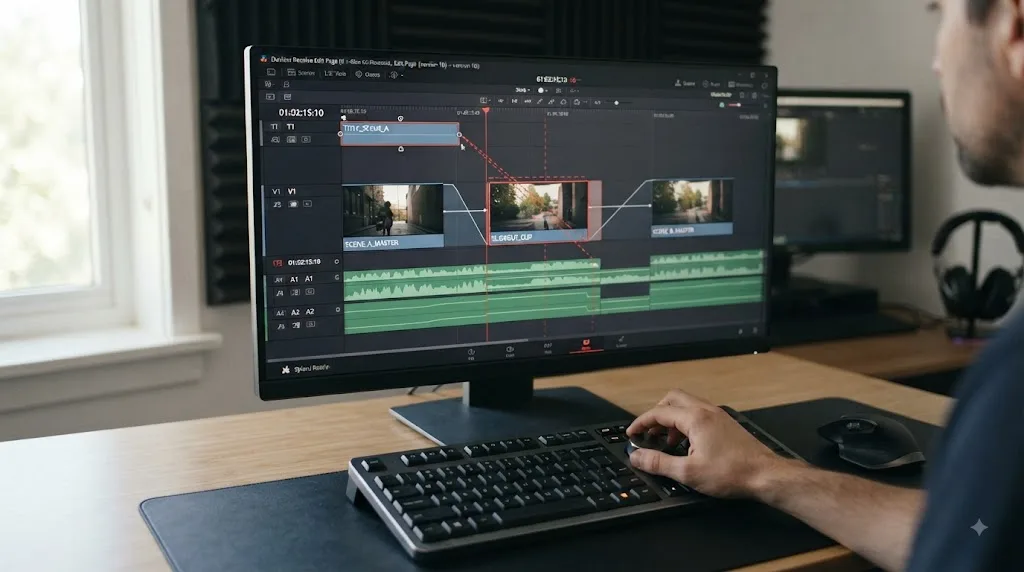 Illustration of audio and transition checks around a DaVinci Resolve slide edit