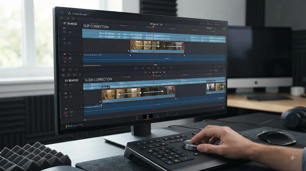 Illustration of choosing slip or slide for B-roll over dialogue in DaVinci Resolve