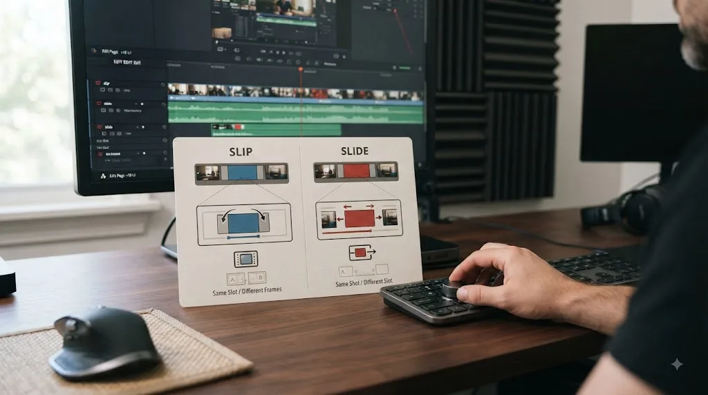 Illustration of a DaVinci Resolve slip versus slide edit cheat sheet