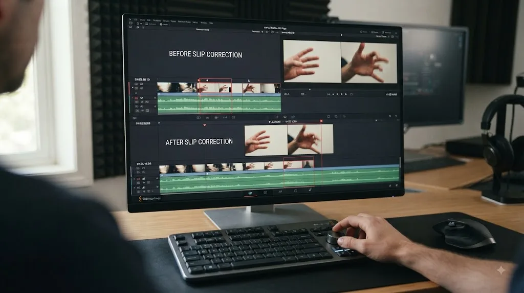 Illustration of using a slip edit to improve visual continuity between three DaVinci Resolve clips