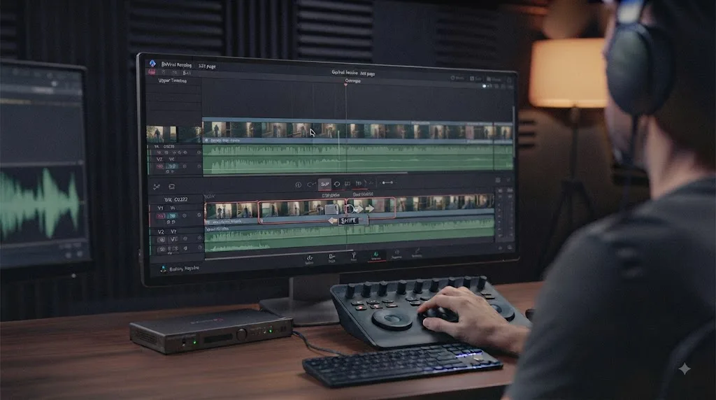 Illustration of slip and slide trim controls on the DaVinci Resolve Cut page