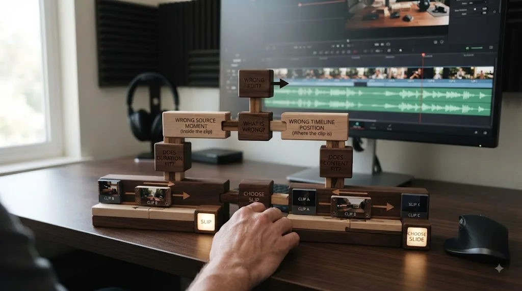 Illustration of a decision tree for choosing slip or slide edit in DaVinci Resolve