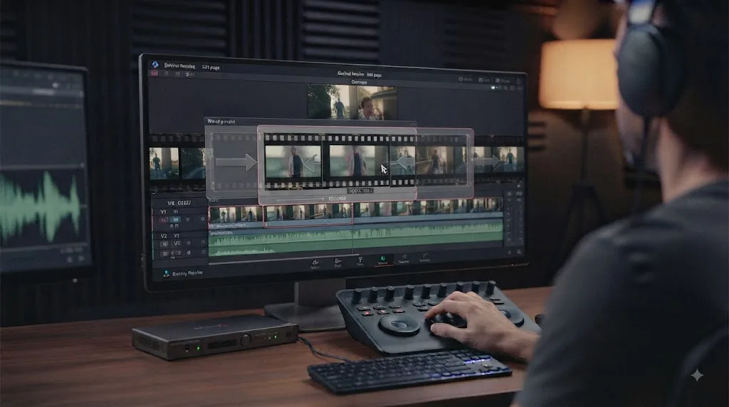 Illustration of performing a slip edit from Trim Edit Mode in DaVinci Resolve