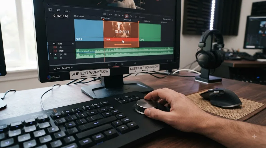 Illustration of a keyboard-driven DaVinci Resolve slip and slide editing workflow