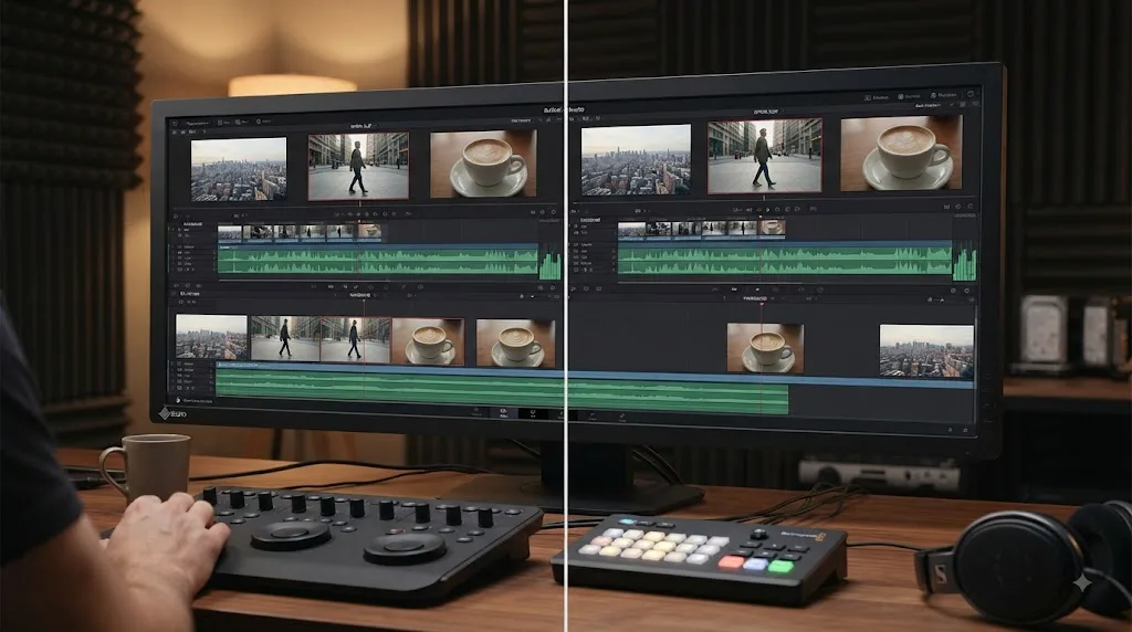 Illustration of a DaVinci Resolve timeline comparing slip and slide edit results