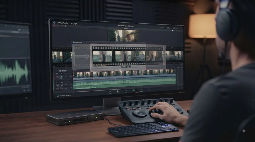 Illustration of a slide edit moving a middle clip while trimming both neighboring clips in DaVinci Resolve