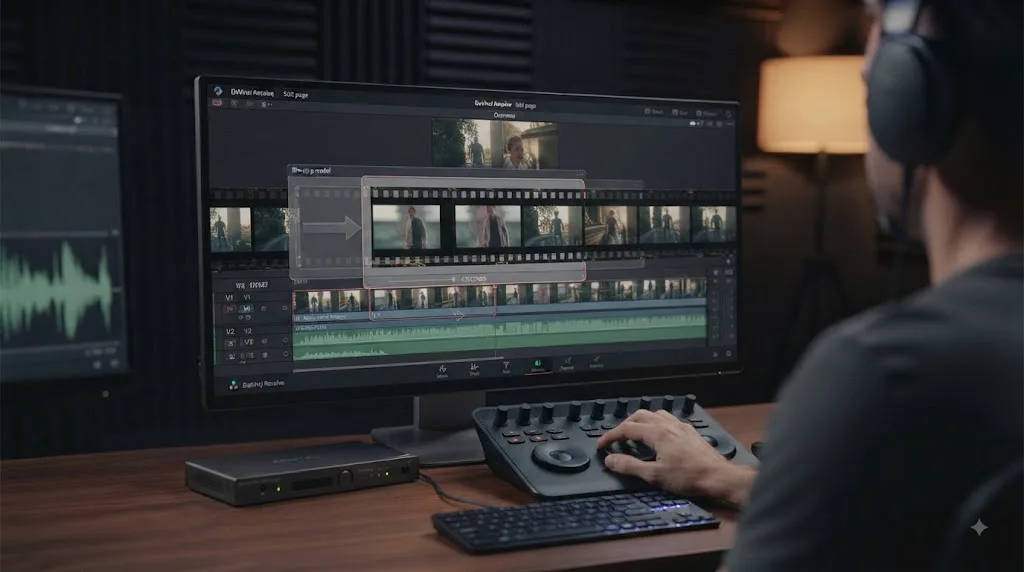 Illustration of a slip edit moving source frames inside a fixed DaVinci Resolve timeline slot